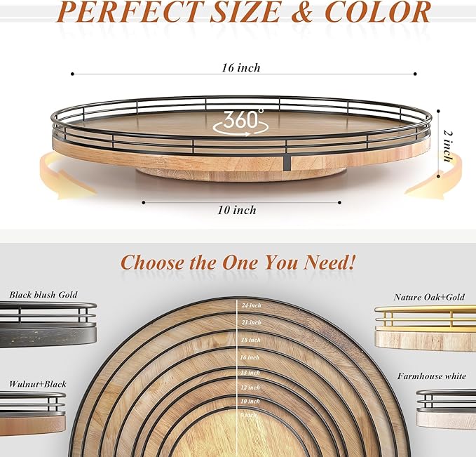 16" Lazy Susan Oak Wood Turntable Organizer for Cabinet, Farmhouse Round Wooden Large Lazy Susan Organization and Storage for Dining Table, Pantry, Kitchen, Bathroom, Countertop, Cupboard, Home Decor-HomvellaHome