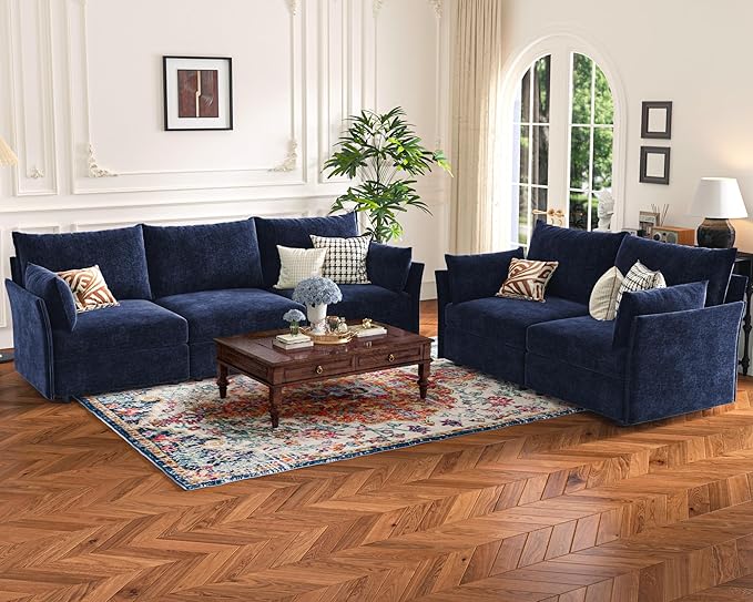 102.6" U Shaped Modular Sectional Sofa, 5 Seater Couch with Storage Ottoman Deep Seat and High Backrest with Removable Cover for Living Room, Apartment - Chenille Blue-HomvellaHome