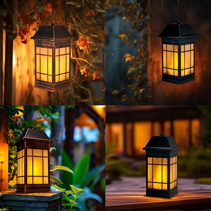 14" Solar Lantern Outdoor Waterproof, Glass Flickering Flame Solar Lanterns, Hanging Metal Lantern Decorative for Patio Front Porch Garden Backyard Tabletop Party Decoration-HomvellaHome