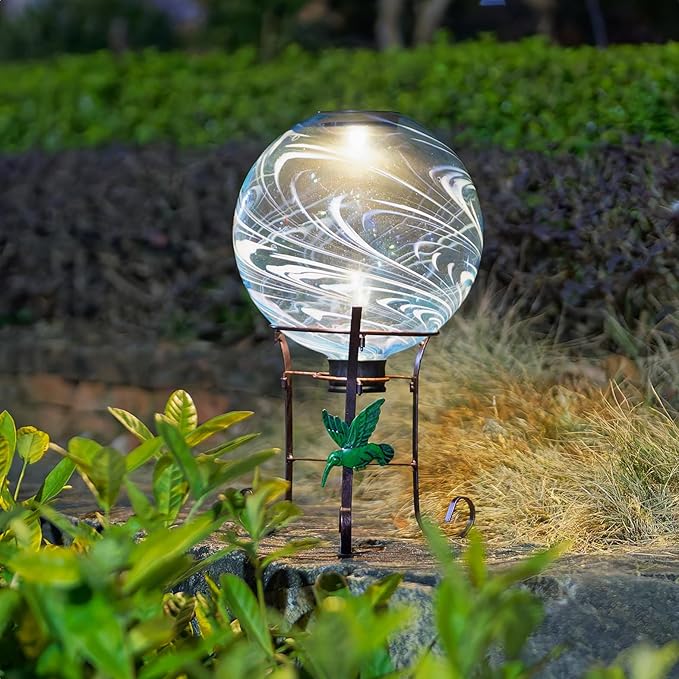 10 Inch Solar Glass Gazing Ball, with 9.4" Tall Metal Gazing Globe Stand, Solar Ball Lights Display Holder Set for Outdoor Garden Lawn Yard Decoration, Blue Water Ripple-HomvellaHome