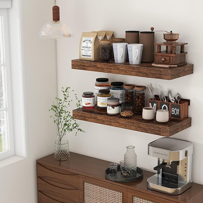 12 Inch Deep Floating Shelves for Wall | 30 Inch Floating Shelves Set of 2 | Rustic Wood Shelves for Living Room Bathroom Laundry Room Bedroom Kitchen Home Office - Rustic Brown-HomvellaHome