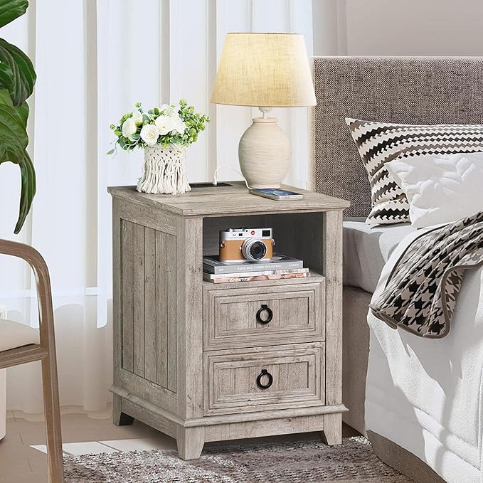 18" Farmhouse Night Stand with Charging Station, 2 Drawers End Table Dresser for Bedroom, Oak Wooden Nightstand, Bed Side Table with Open Shelf, Bedside Cabinet for Living Room, Closet-HomvellaHome