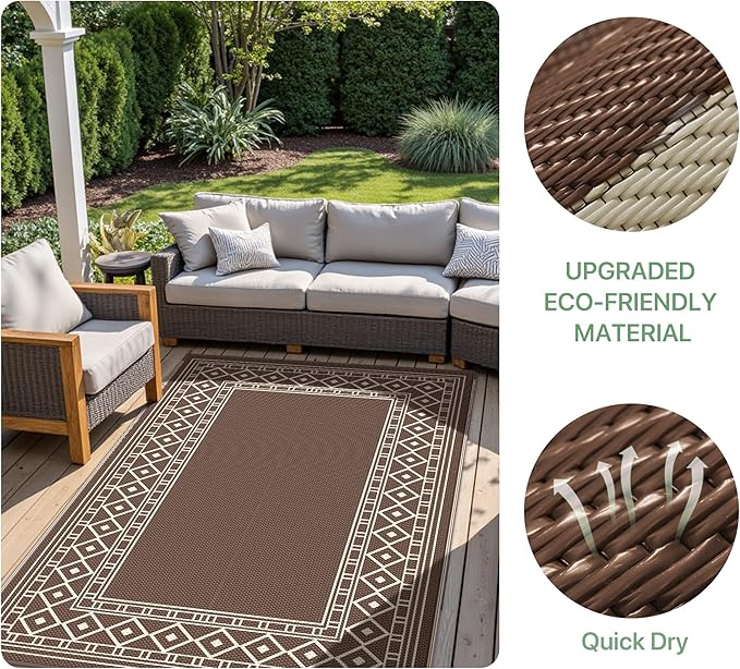 GENIMO Outdoor Rug Waterproof for Patio, 8'x10' Foldable Reversible Plastic Straw Carpet for Travel Trailers, Outside Area Mat for Rv, Deck, Picnic, Porch, Camper, Balcony, Beach, Coffee & Beige-HomvellaHome