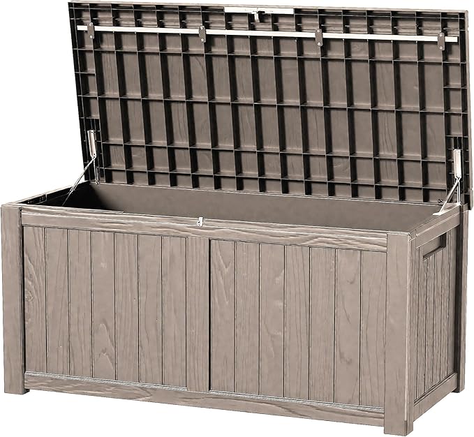 120 Outdoor Storage Box, Waterproof Resin Deck Box for Indoor & Outdoor Use, Lockable Storage Bench with Piston Hinge, Storage Bin for Patio Cushions, Garden Tools, Package Delivery, Grey-HomvellaHome