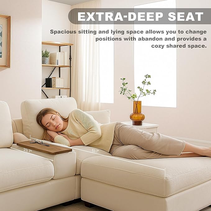 120.3" Modern L-Shaped Sectional Sofa with 360°Swivel Drop-Down Table, Storage Armrest, USB Ports & Movable Storage Ottoman – Plush Linen Cloud Couch for Lounge (Beige)-HomvellaHome