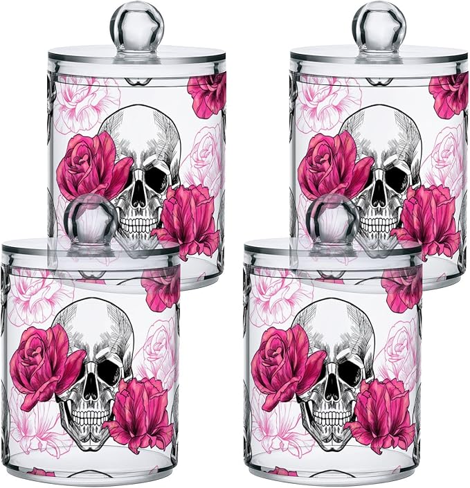 2 Pack Qtip Holder Dispenser Skull Rose Flower Bathroom Storage Canister Lid Acrylic Plastic Apothecary Jar Set Vanity Makeup Organizer for Cotton Swab/Ball/Round Pads, Floss-HomvellaHome