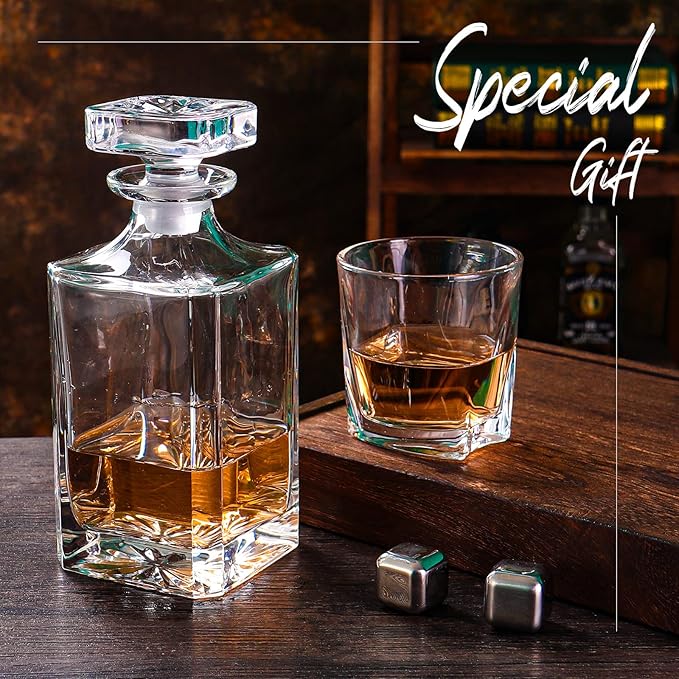 Glass Decanter with Airtight Geometric Stopper - Whiskey Decanter for Wine, Bourbon, Brandy, Liquor, Juice, Water, Mouthwash. Italian Lead-Free Glass (25.97 oz/768ml)-HomvellaHome