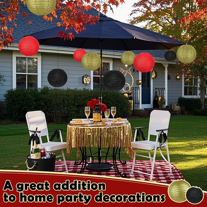 12Pcs Round Paper Lanterns Assorted Sizes (6" 8" 10" 12") for Home Decor, Wedding, Birthday, Hibachi Party, Casino Theme Party Decorations, Hanging Chinese Japanese Paper Lamps (Black Red Gold)