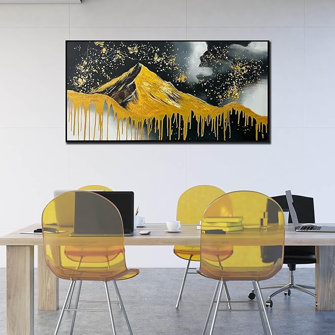 Gold Mountains Painted Wall Art for Living Room - Hand Painted Abstract Wall Art for Office - Black Framed Wall Art for Bedroom Size 29" x 59"-HomvellaHome