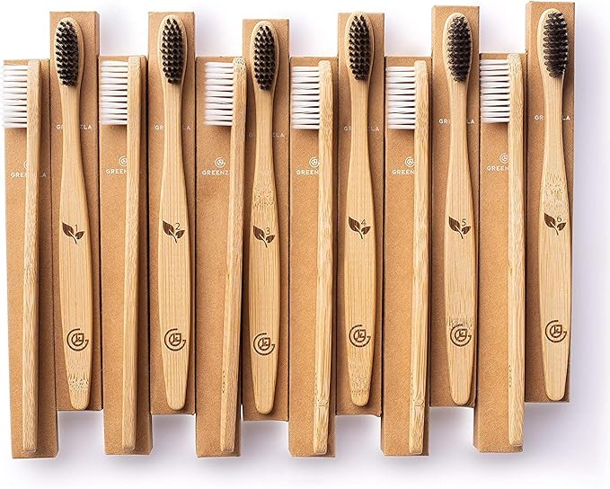Greenzla Bamboo Toothbrushes for Adults – 12 Pack Wooden Toothbrush Set with Charcoal-Infused Soft Bristles, Natural Oral Care for Daily Use-HomvellaHome