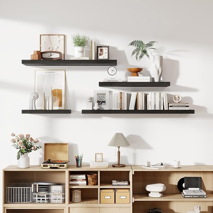 12 Inch Deep Floating Shelves, 24 Inch Long Floating Shelves for Wall, Floating Shelf with Invisible Brackets, Deep Shelves for Bathroom, Bedroom, Living Room, 2 Pack, Black-HomvellaHome