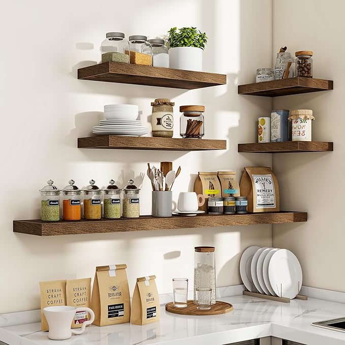 16 Inch Floating Shelves, 16"x9.25"x1.5" Inch Deep Floating Shelves for Wall, Wooden Shelves for Bathroom, Bedroom, Living Room, Brown-HomvellaHome