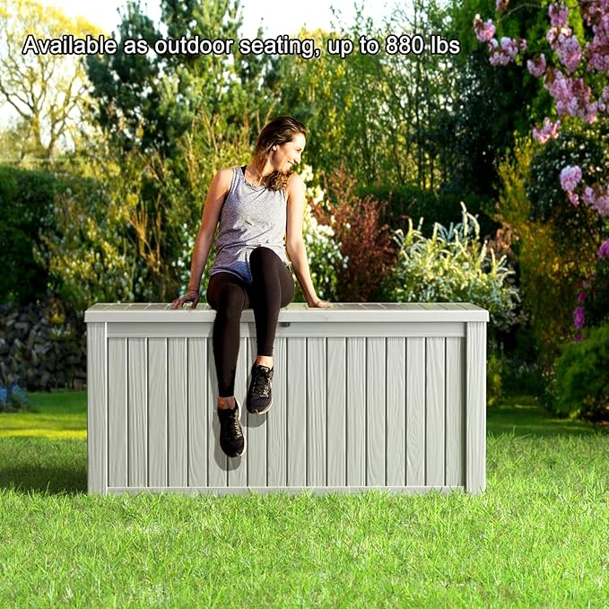 150 Gallon Deck Box,Resin Outdoor Storage Box with Lockable for Patio Furniture, Pool Accessories, Garden Tools Waterproof Outside Storage Box, Grey-HomvellaHome