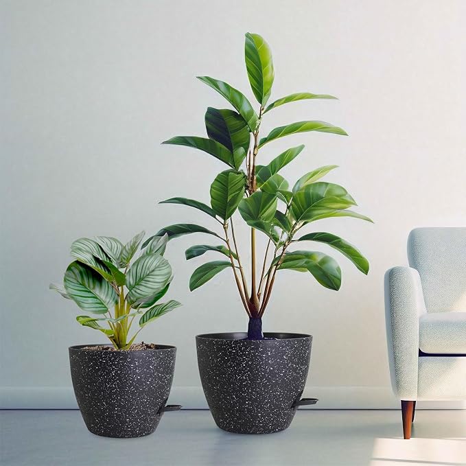 12/10/9 inch Large Self Watering Pots, Planter, Plant Pots with Mesh Drainage Holes for Indoor Outdoor Garden Plants, Plastic Flower Pots with Removable Deep Reservoir, Speckled Black-HomvellaHome