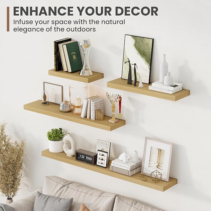 16 Inch Floating Shelves, 8 Inch Deep Floating Shelves for Wall, Hanging Shelf with Invisible Brackets, Deep Shelves for Bathroom, Bedroom, Living Room, Oak, Set of 2-HomvellaHome