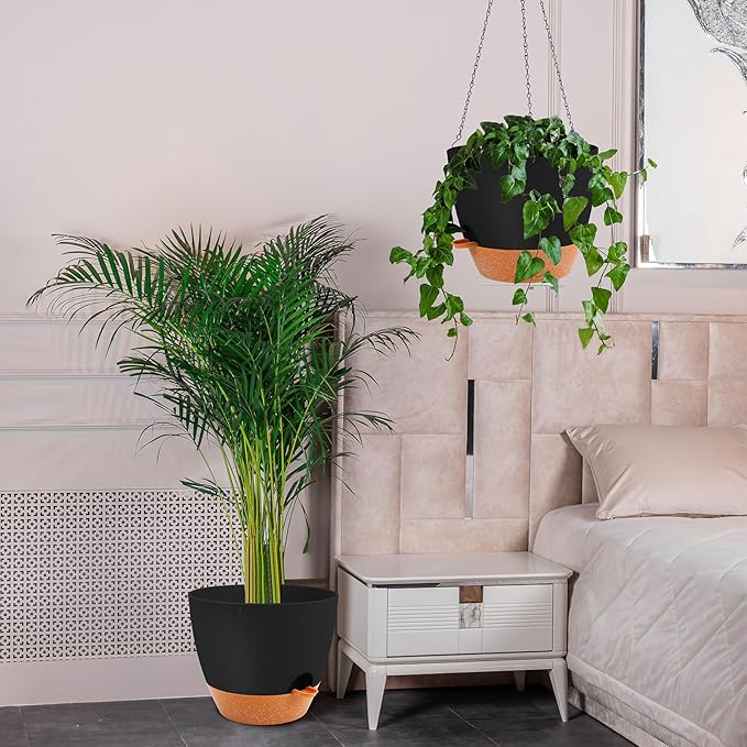 GARDIFE Large Hanging Planter, 12 inch Hanging planters for Indoor. Outdoor Plants, Self Watering Plant Pot, Plant Hanger, Black-HomvellaHome