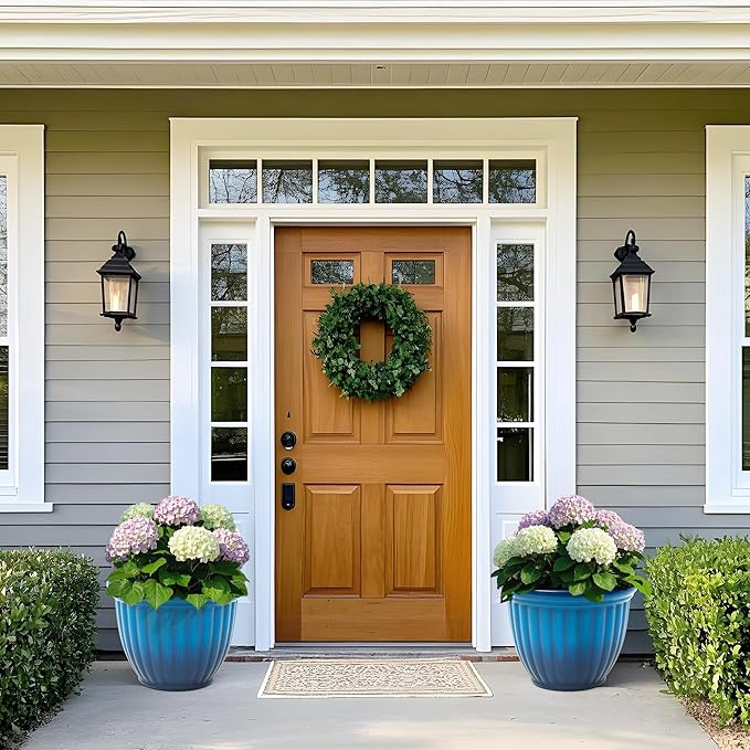 15" H Large Flower Pots, Set of 2 Plastic Planters for Outdoor Plants with Gradient Blue Finish and 3D Textures, Weather-Resistant for Porch, Garden, Patio or Indoor Use-HomvellaHome