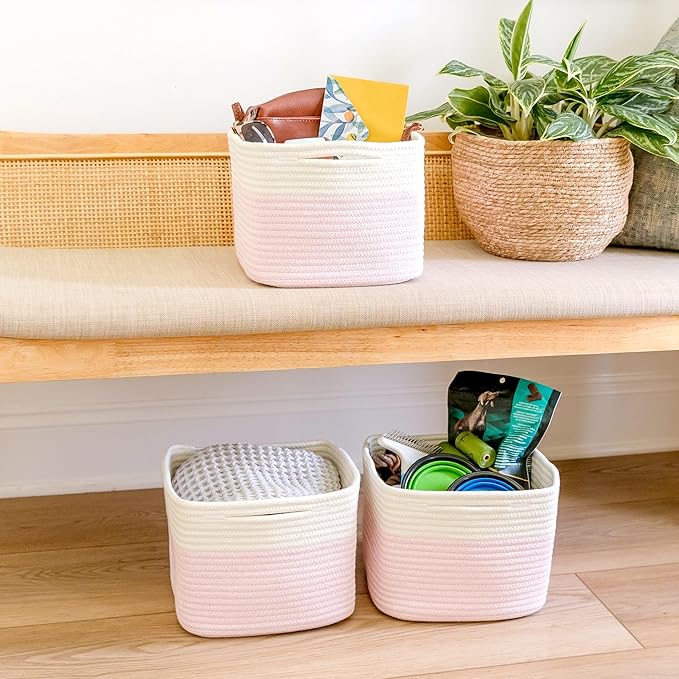 NaturalCozy Storage Cubes 9”x9”x7”Cotton Rope Woven Baskets for Organizing 3-Pack | 9 Inch Cube Storage Bin | Small Basket for Shelf Nursery, Pantry, Decorative Plant, Bathroom Closet, Toy Gift