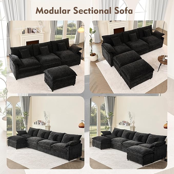 142.5" U Shaped Couch, Modular Sectional Sofa, 3-Seater Comfy Cloud Couch with Movable Ottoman, Deep Seat Couches for Living Room, Chenille, Black-HomvellaHome