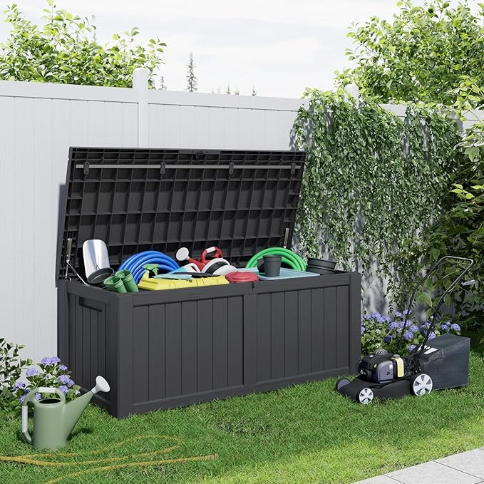 120 Gallon Resin Deck Box, Lockable Patio Outdoor Storage Box for Furniture, Garden Tools and Tools Storage, Waterproof Outside Storage Boxes - Black-HomvellaHome