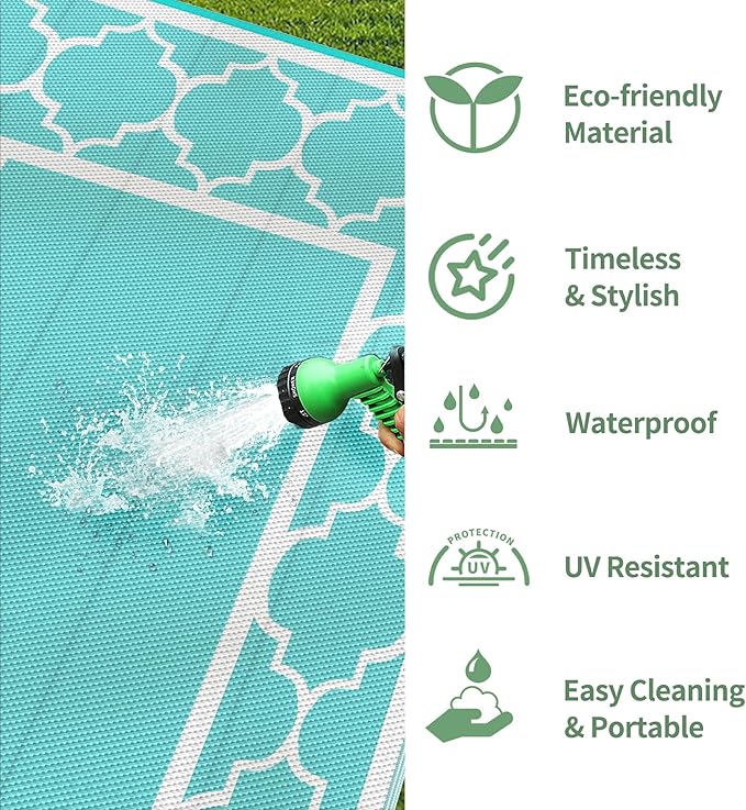 GENIMO 6' x 9' Outdoor Rug Waterproof for Patio Decor, Reversible Plastic Straw Area Mats Carpet for Camper Clearance, Outside Carpet for Rv, Deck, Porch, Beach, Balcony, Aqua Blue & White-HomvellaHome