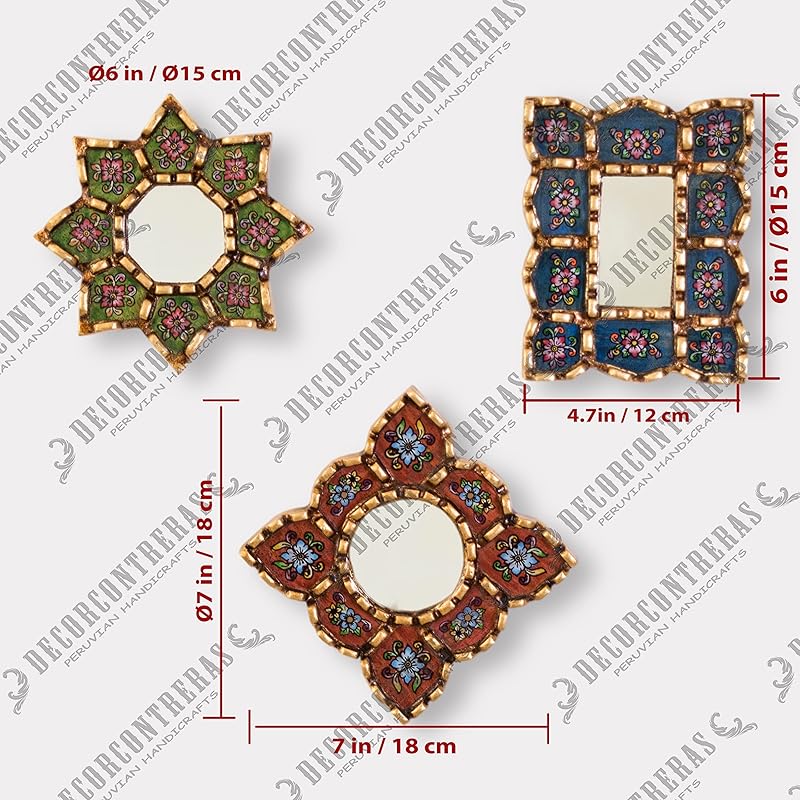 Small Decorative Wall Mirror set of 3 - Accent mirrors of 6in for wall decor, Peruvian Mirrors Vanity with bronze leaf-HomvellaHome