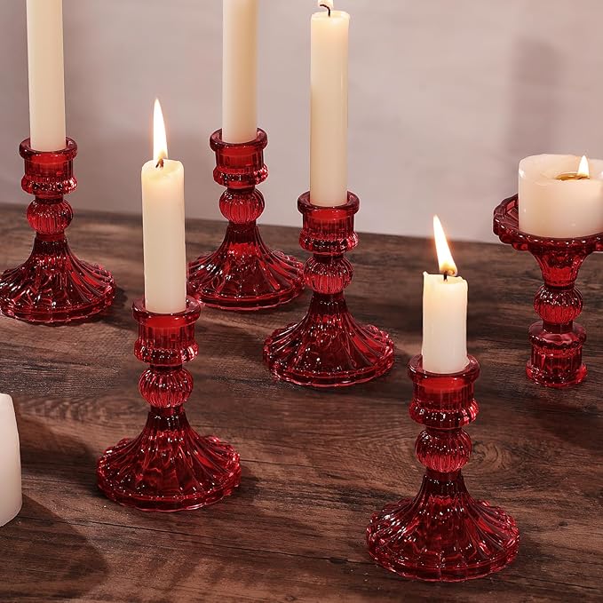 12PCS Red Candlestick Holders Set- 4" H Taper Candle Holders, Glass Candle Holders Bulk for Activities, Party, Home Table Centerpieces, Festival Gifts & Windowsill Decor-HomvellaHome