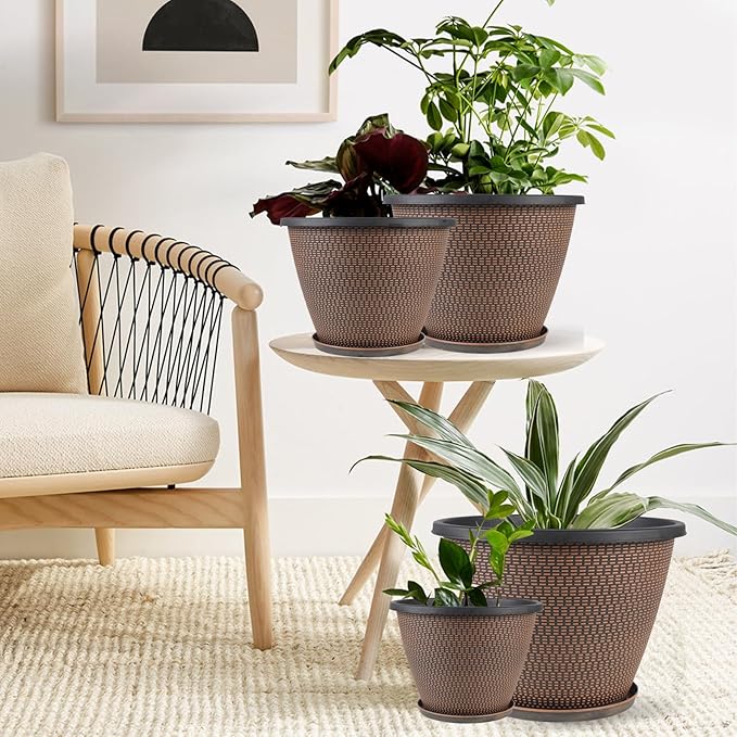 12 inch Pots for Plants, 4 Pack Large Outdoor Planter Pot with Drainage Holes & Saucers, Plastic Flower Pots for Indoor Plants, Decorative Garden Pots for Indoor & Outdoor Plant (Black Copper)-HomvellaHome