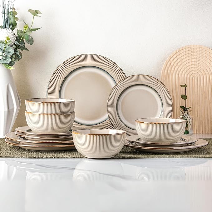 GBHOME Ceramic Dinnerware Sets,12 pcs Embossed Elegant Stoneware Plates and Bowls Sets, Housewarming Wedding Gift | Dishwasher & Microwave Safe | Dishes Set Service for 4-HomvellaHome
