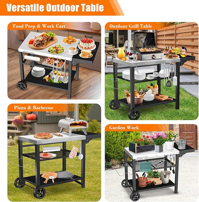 Grill Cart, Outdoor Grill Table, Pizza Oven Stand, Three-Shelf BBQ Table, Movable Dining Cart with Drawer, Fits for Ninja Woodfire Grill, Blackstone Griddle,Tabletop Grill-HomvellaHome