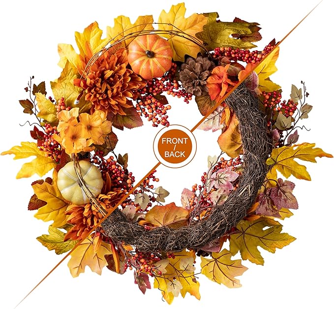 Glitzhome 24 inch Artificial Fall Wreath Decor, Autumn Maple Leaf Wreath for Front Door with Dahlia Pumpkin, Leaf and Berry Wreaths for Autumn Harvest Thanksgiving Halloween Decor-HomvellaHome