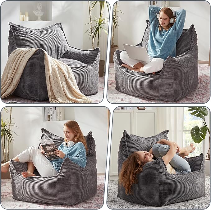 Giant Bean Bag Chair Sofa for Adults Teens, Comfy Corduroy Large Bean Bag Chairs with Armrests for Bedroom Living Room, Adult BeanBag Lazy Sofa Couch Chairs with Filler Included-HomvellaHome