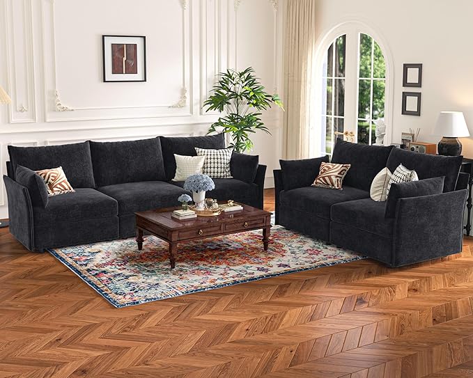 102.6" Modular Sectional Sofa, Oversized 3-Seater Couch with Removable Black Chenille Fabric Cover, Deep Seat & High Backrest for Living Room, Office & Apartment-HomvellaHome