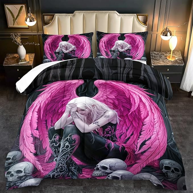 Gothic Skull Comforter Set King for Adults,Angel Wings Bedding Set Pink for Girls,Sexy Angel Comforter Bedroom Decor Teen,Gothic Skull Bedding Decor Pink Wings Quilt-HomvellaHome