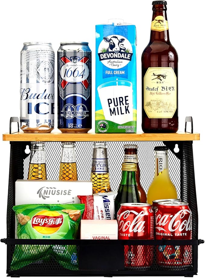 1 SET Large fruit basket for kitchen counter-stackable basket with Bamboo Tops & Tag,hanging wall baske,for Cabinet Shelf Countertop pantry storaget, onion potato Vegs Bread Food Organizing Bin,BLACK-HomvellaHome