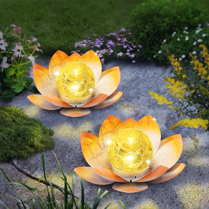 Garden Solar Light Outdoor(2Pack),Crackle Globe Glass Lotus Decoration, Waterproof Metal LED Flower Lights for Patio,Lawn,Walkway,Tabletop,Ground-HomvellaHome