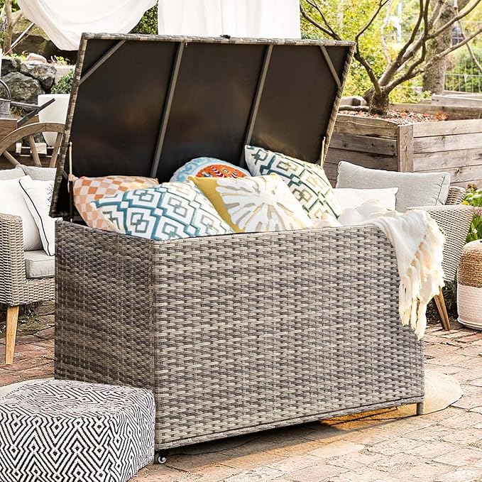 178 Gallon Outdoor Storage Box, Patio Deck Box with 2 Wheels, Handle Large Portable Wicker Rattan Deck Box for Patio Furniture Cushions, Throw Pillows, Garden Tools and Pool Floats (Gray)-HomvellaHome