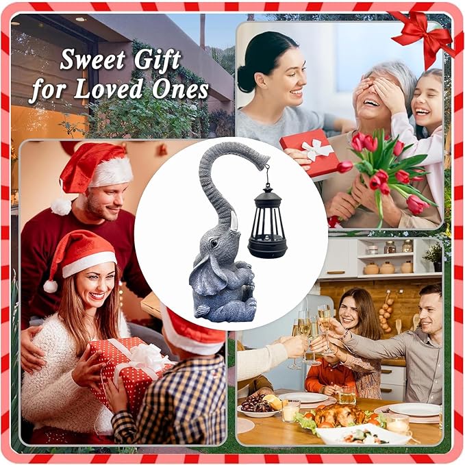 10.6 Inch Statue Elephant with Solar Outdoor Lights for Garden Decor,Lucky Present with Appeal for Birthdays(Man and Women and Family),Unique Housewarming Presents and Yard Decor. (Gray)-HomvellaHome