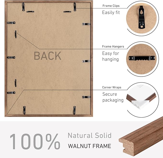 18x24 Poster Frame Natural Solid Walnut Photo Frames with 16x20 Removable Mat Wall Hanging Large Handcrafted Frame with HD Plexiglass Wall and Tabletop Display Large Picture Frame-HomvellaHome