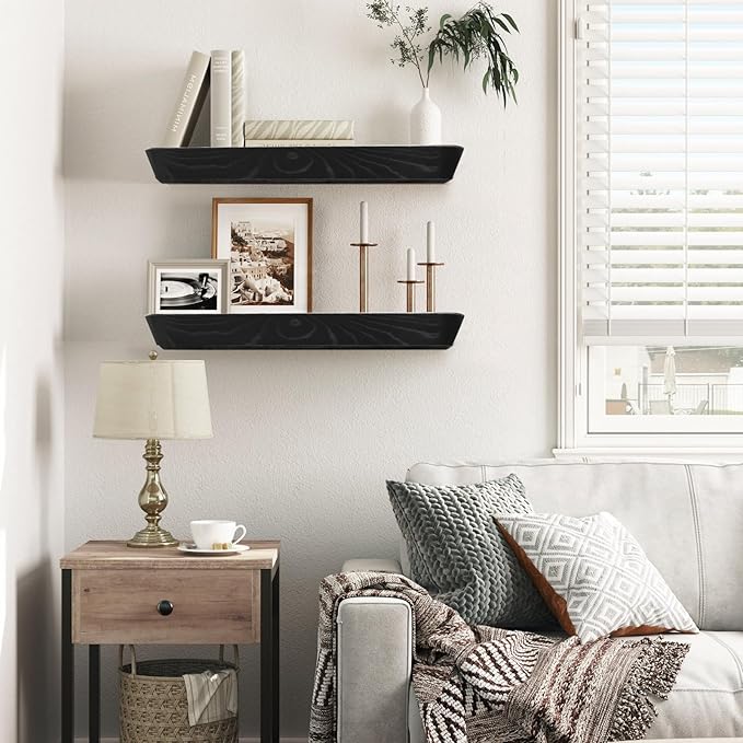 16"x6.8"x1.6" Slanted Floating Wall Shelves 2-Pack - Rustic Black Finish, Heavy-Duty Solid Wood Design with Hidden Brackets - Perfect for Living Room, Kitchen, Bathroom, or Office-HomvellaHome