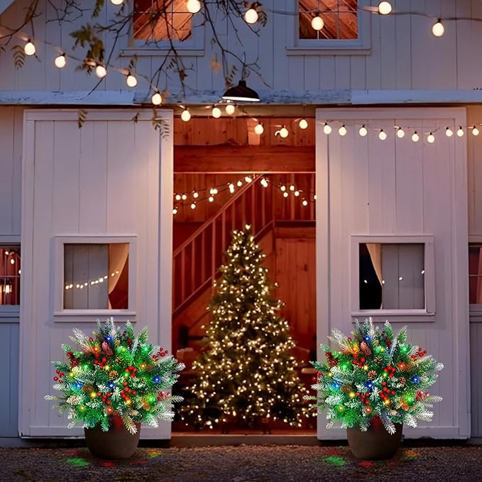 2 Pack Lighted Artificial Christmas Urn Filler, Battery Operated Pre-lit Xmas Pine Trees, Tripod Stake and 60 LED Lights, Holiday Porch Decorations for Porch, Yard, Garden, Flower Beds(Multicolor)-HomvellaHome