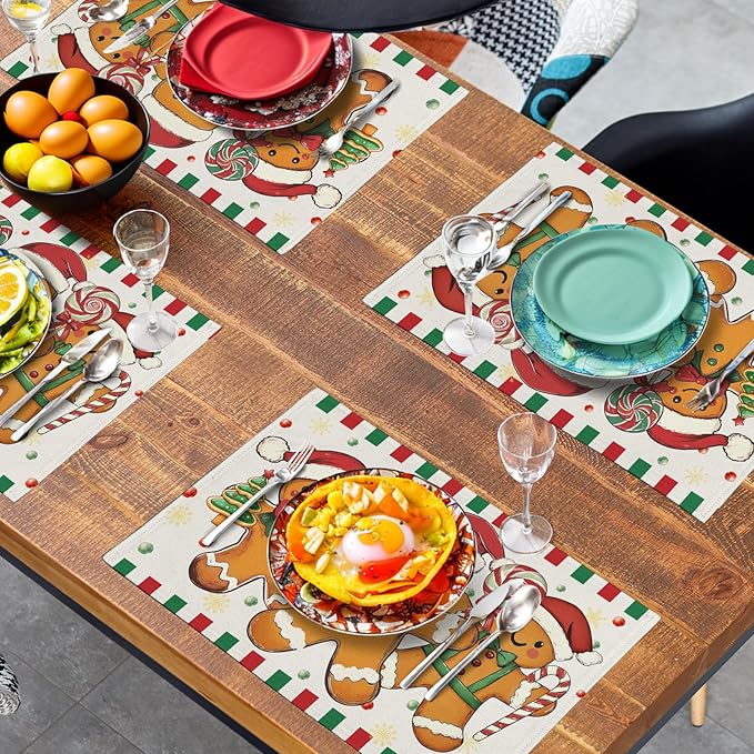 Gingerbread Man Christmas Placemats Set of 4 Candy Cane Xmas Seasonal Holiday Linen Table Mats Red Green Orange Winter Washable Place Mats for Party Kitchen Dining Outdoor Indoor Decor-HomvellaHome