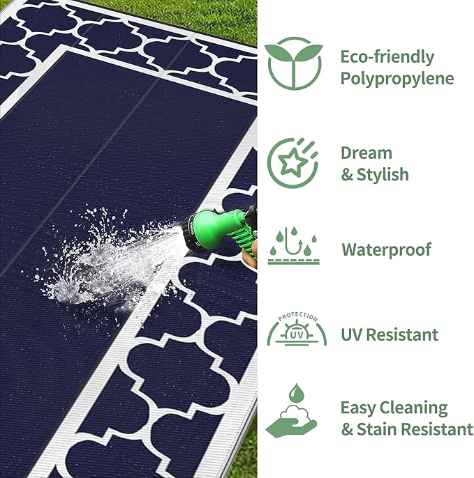 GENIMO 9' x 18' Outdoor Rug Waterproof for Patio, Foldable Reversible Plastic Straw Area Rugs Mat for Rv Decor, Outside Carpet for Camper, Deck, Picnic, Beach, Balcony, Porch, Blue & White-HomvellaHome