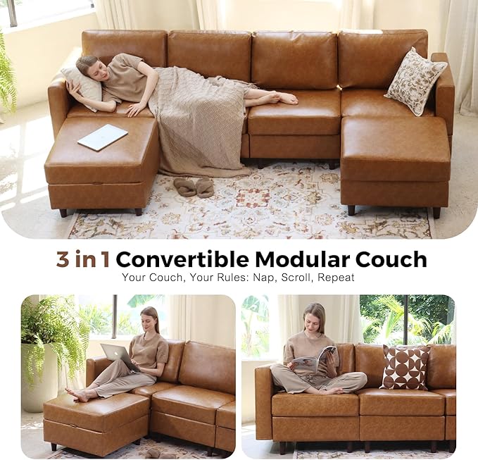 118.5" Faux Leather Modular Sectional Sofa with Storage Seat, Modern 6 Seater Couch Deep Seat with Removable Cover DIY Combination Brown-HomvellaHome