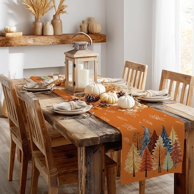 GEEORY Fall Watercolor Trees & Maple Leaves Table Runner 13x48 Inch, Rustic Farmhouse Autumn Thanksgiving Decor for Kitchen, Dining, Indoor/Outdoor Holiday Dinner Party Orange GT158-48-HomvellaHome