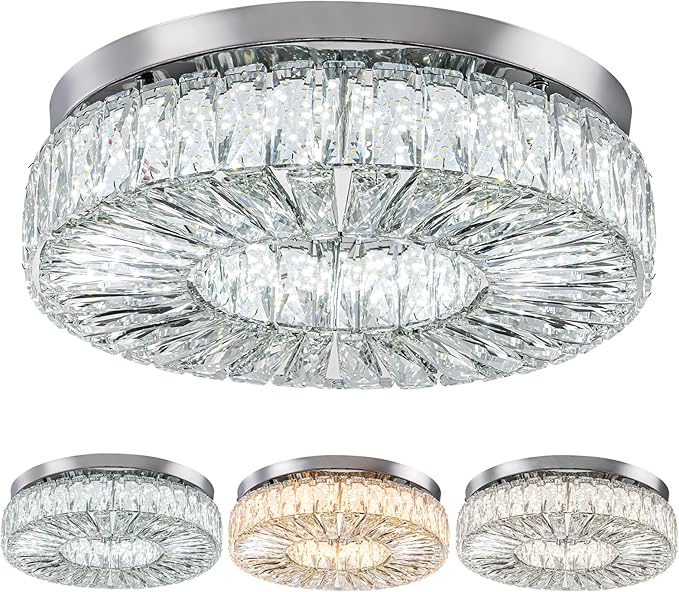 16.5 Inch Dimmable Chandelier with Remote Control LED Crystal Chandelier Modern Flush Mount Ceiling Light Fixtures for Living Room Bedroom Dining Room Entrance (dimmable-16.5")-HomvellaHome