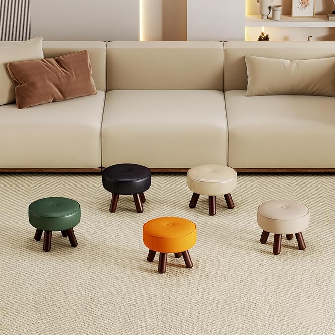 13in Small Foot Stool Ottoman, Round Faux Leather Foot Rest, Footstool Ottomans with Rubber Legs Under Desk, Footrest for Couch, Living Room, Bedroom, Office, 13''L x 13''W x 10.2''H, Black-HomvellaHome