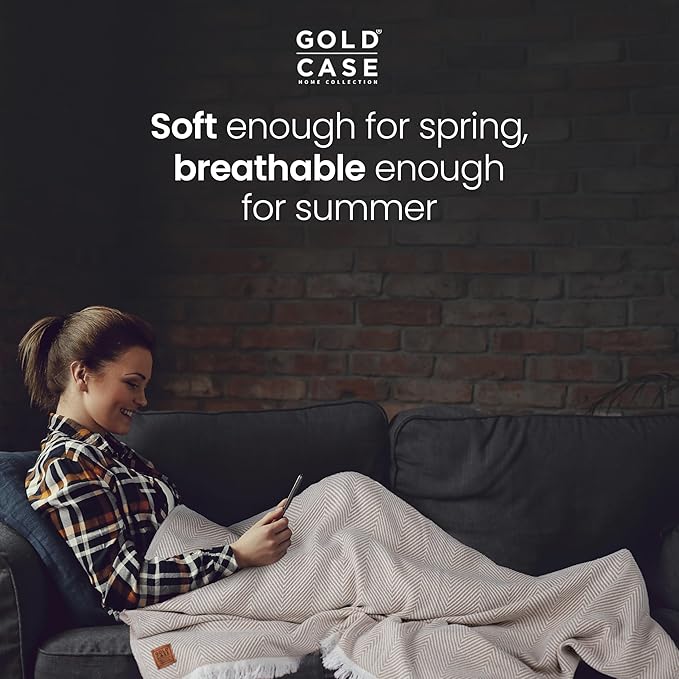 Gold Case Throw Blanket for Bed – 100% Recycled Turkish Cotton Bed Blanket – Decorative Throw Cotton Blankets for Living Room & Bedroom – Elegant Grey Woven Queen Blankets – 90x90-HomvellaHome