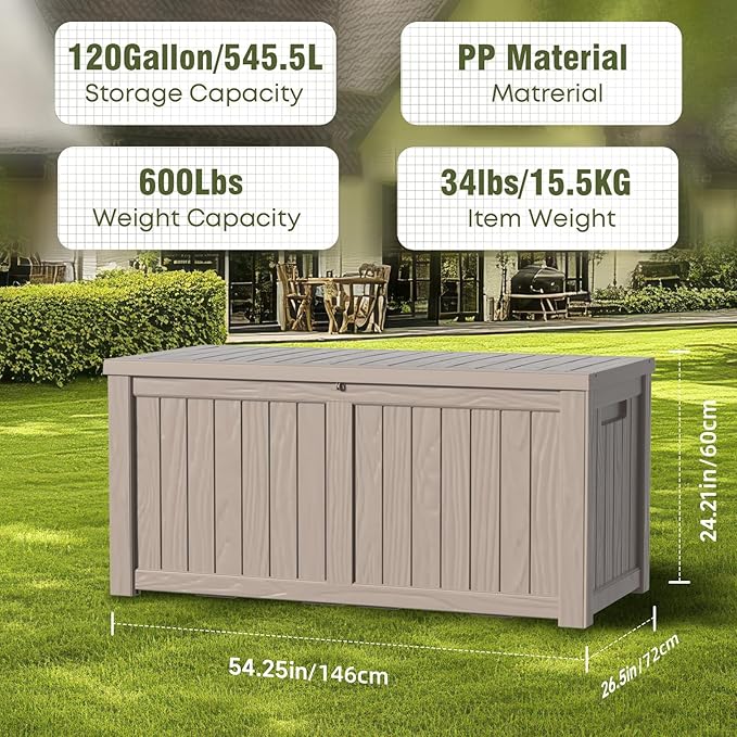 120 Gallon Outdoor Deck Box,Storage Lockable Waterproof Patio Furniture,Garden Tools,Cushions,Pool Accessories Outside Storage Resin Box(Grey)-HomvellaHome