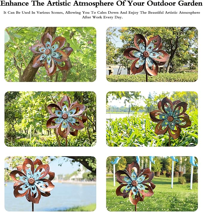 Garden Wind Spinner,Flower Wind Spinner,Outdoor Metal Wind Sculpture & Spinner Large 23 inch Dia 84 inch Height Kinetic Windmill for Garden Yard-HomvellaHome